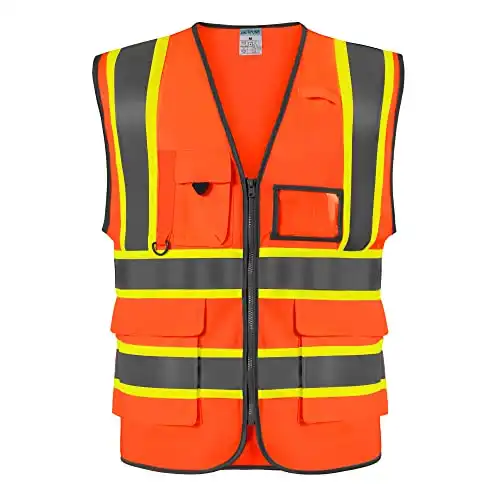 SHORFUNE High Visibility Safety Vest with Pockets, Mic Tab, Reflective Strips and Zipper, ANSI/ISEA Standards,Oange,XXL