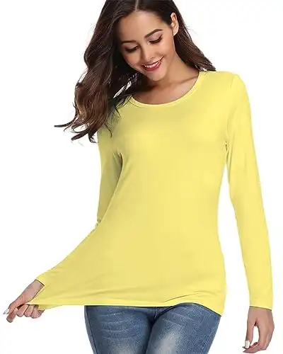 Fuinloth Women's Basic Long Sleeve T Shirts, Crewneck Slim Fit Spandex Tops, Plain Layer Underscrub Tees Yellow Small