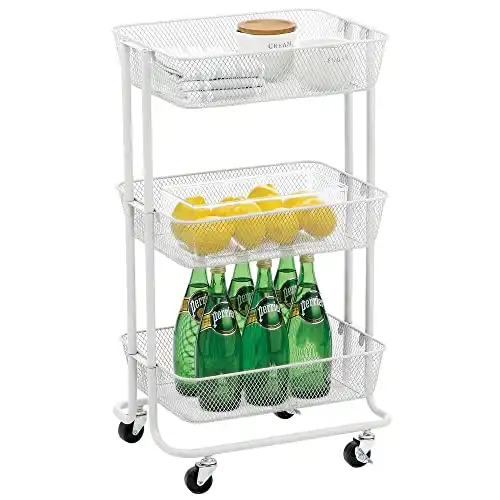 mDesign Metal 3-Tier Portable Rolling Household Storage Cart for Bathroom, Kitchen, Craft Room, Laundry Room, and Kid's Playroom - 4 Rotating Wheels - White