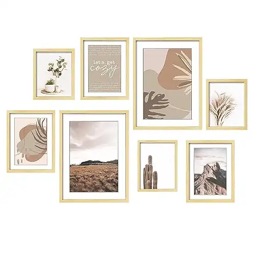 ArtbyHannah 8-Pack Neutral Gallery Wall Frame Set with Decorative Art Prints, Picture Frames for Collage, Art Decor with Assorted Size 11x14 x2pcs, 8x10 x4pcs, 6x8 x2pcs