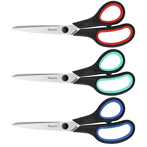 Scissors All Purpose, iBayam 8" Heavy Duty Scissors Bulk 3-Pack, 2.5mm Thickness Ultra Sharp Blade Shears with Comfort-Grip Handles for Office Home School Sewing Fabric Craft Supplies, Right/Left...