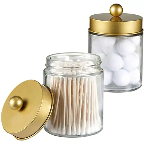 Apothecary Jars Bathroom Countertop Storage Organizer Canister - Cute Qtip Dispenser Holder Glass with Lid- for Cotton Swabs,Bath Salts,Hair Band / 2-Pack(Gold)