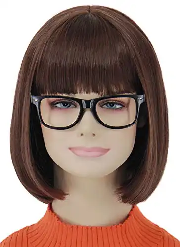 Ariker Brown Bob Velma Wig with Black Glasses for Velma Costume Women Girls Short Cosplay Flapper Costume Wigs with Bangs for Halloween Party Cute Synthetic Hair Wig AK008BR