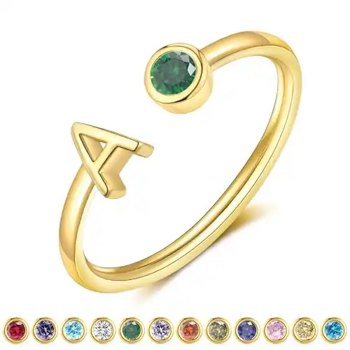 ZNBOH Gold Birthstone Initial Rings for Women Non Tarnish Dainty 14K Gold Plated Adjustable Letter Ring for Teen Girls Stackable Cute Thumb Pinky Fashion Unique Open Simple Birthday Gifts Jewelry