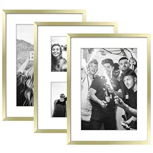 ArtbyHannah 3 Pack 11x14 Gold Picture Frames Collage Set for Wall Decor- Made to Display Photo 8x10 and 5x7 with Mat or 11x14 Without Mat for Modern Gallery Wall Kit and Home Decoration