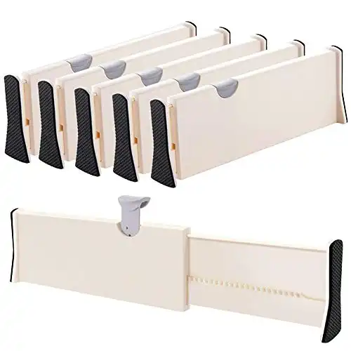 Drawer Dividers Organizer 5 Pack, Adjustable Separators 4" High Expandable from 11-17" for Bedroom, Bathroom, Closet,Clothing, Office, Kitchen Storage, Strong Secure Hold, Foam Ends, Locks i...