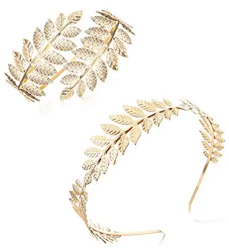 FINREZIO Greek Goddess Headband Arm Cuff Bridal Jewelry Set Roman Laurel Leaf Branch Crown Armlet Upper Arm Band Bracelet Adjustable (A:Gold tone)