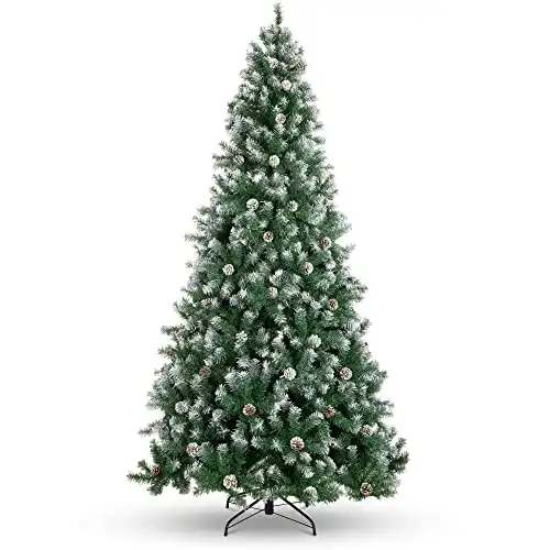 Best Choice Products 6ft Pre-Decorated Holiday Christmas Tree for Home, Office, Party Decoration w/ 1,000 PVC Branch Tips, Partially Flocked Design, Pine Cones, Metal Hinges & Base - Green/White