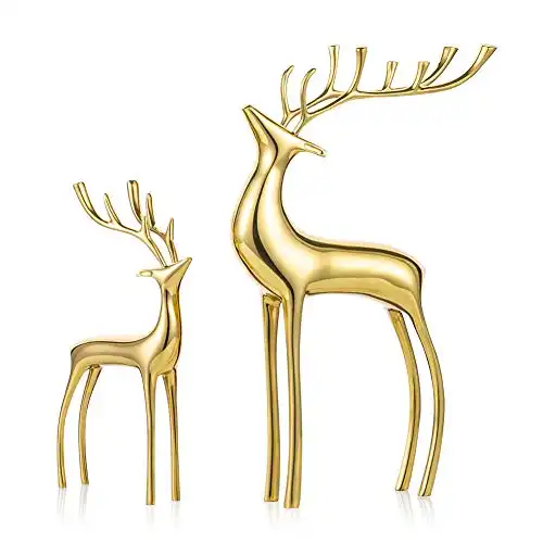Sziqiqi Reindeer Figurine Statues Deluxe Set of 2, Christmas Deer Pure Copper Heavy Reindeer Ornaments for Home Decor Accents Living Room Office Bookself Tabletop Mantle Christmas Decoration, Gold