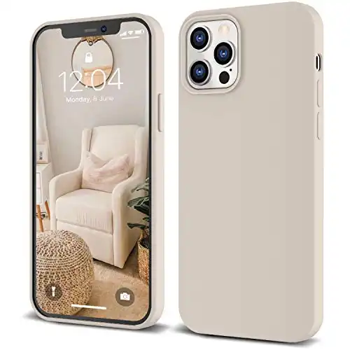 IceSword iPhone 12 Pro Max Case Stone, Liquid Silicone Shockproof Phone Case Cover, Light Beige Tan Cream Warm Sand Pearl Cute, Drop Protective (Soft Anti-Scratch Microfiber Lining) 6.7" 12PM - S...