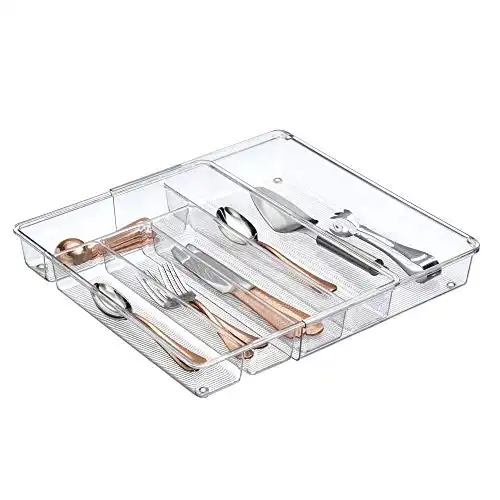 iDesign Linus Expandable Kitchen Drawer Organizer for Silverware, Spatulas, Gadgets - Clear