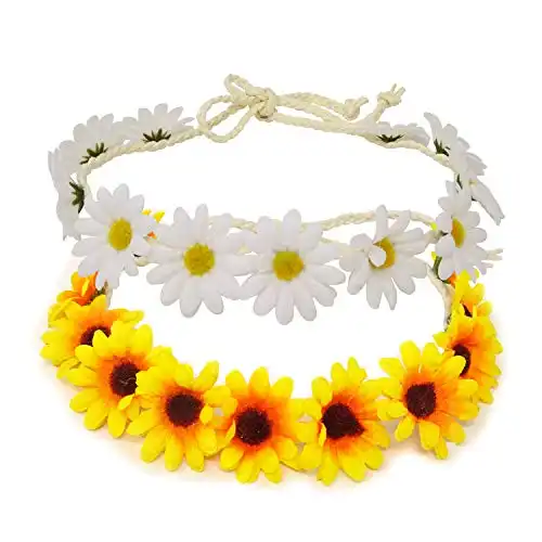 Honbay 2PCS Fashion Flower Headband Sunflower Hair Wreath Festival Hair Band Bridal Headpiece (yellow+white)