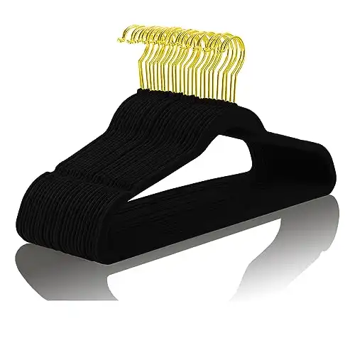 MIZGI Premium Velvet Hangers Pack 50 Pcs Heavyduty - Non Slip Slimline - Velvet Suit Hangers Black - Gold Hooks,Space Saving Clothes Hangers …