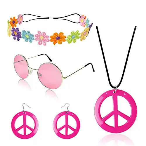 HyperFun Hippie Costume Set Includes Peace Sign Necklace and Earrings, Flower Crown Headband and Colored Hippie Sung (Pink)