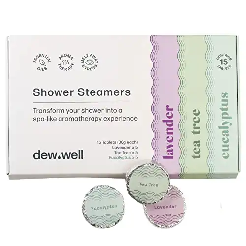 Dew Well - Shower Steamers - 15 Count Shower Bomb - Spa Aromatherapy Right in Your Home - Relax and Unwind - Helps Clear Congestion and Boost Your Mood - Variety Pack (Lavender, Eucalyptus & Tea T...