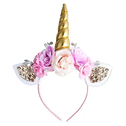 AHIER Unicorn Headband Gold Horn for Unicorn Party Supplies Flowers Cat Ear Head Bands (Unicorn Headband)