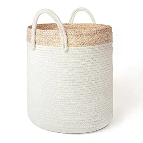 Woven Basket Rope Storage Basket - Large Cotton Organizer 16 x 14 x 14 Inches, Natural and Safe For Baby and Kids, Two-Tone Woven Organizer with Corn Skin