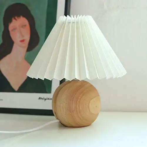 Korean Pleated Table Lamp Ins DIY Ceramic Table Lamps for Living Room Home Deco Cute Lamp with Tricolor Led Bulb Beside Lamp (Wood and White)