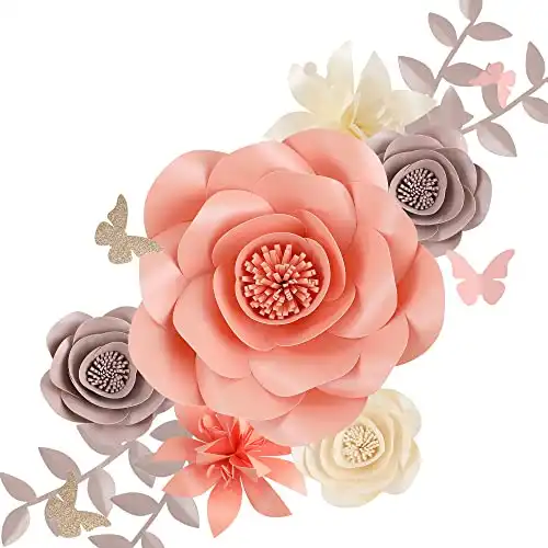 Fonder Mols 3D Paper Flowers Decorations for Wall (Pink Gray, Set of 6) for Girl Baby Shower Flowers Decorations, Girl Nursery Flowers Decor, Wedding Centerpiece
