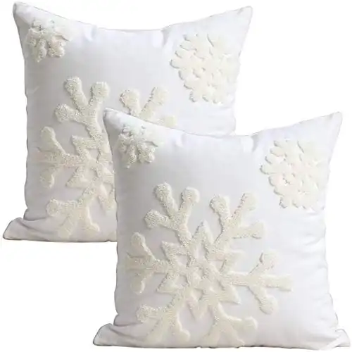 Elife 18x18 Soft Canvas Christmas Winter Snowflake Style Cotton Linen Embroidery Throw Pillows Covers w/Invisible Zipper for Bed Sofa Cushion Pillowcases for Kids Bedding (1 Pair, White)
