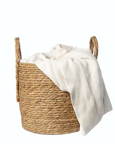 Decorative Baskets for storage. Handcrafted basket planter. Natural rope wicker basket with handle. Woven baskets for blanket. Round indoor basket. Great round basket for decorative purpose. (Medium)
