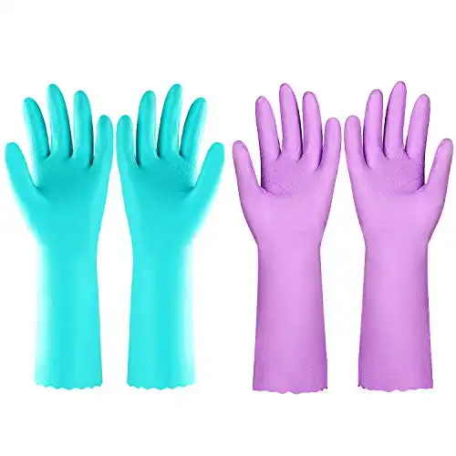 Elgood Reusable Dishwashing Cleaning Gloves with Latex free, Cotton lining,Kitchen Gloves 2 Pairs,Purple+blue large