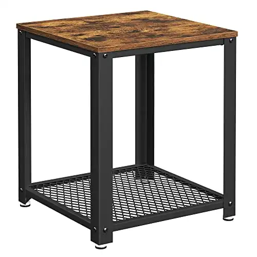 VASAGLE Side Table, 2-Tier Nightstand, End Table with Mesh Shelf, Steel Frame, Adjustable Feet, for Living Room, Bedroom, Industrial Style, Rustic Brown and Black ULET41X