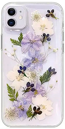 Abbery for iPhone 11 Flower case, Clear Soft TPU Flexible Rubber Pressed Dry Real Flowers Case Blue White Flower Case for iPhone 11 (Navy Flower)