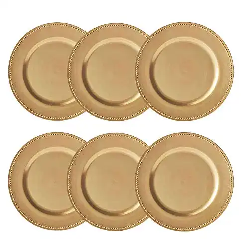 Round Beaded Decorative Charger Plates, 13 Inches Round, Set of 6, for Dining Table or Décor (Gold)