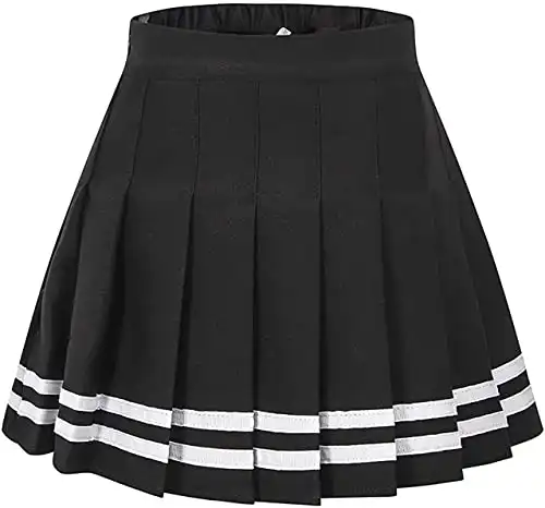 Girls Pleated Short Cheer Skirt Skort, School Uniform Cosplay Costume Skirt for Toddlers, Little & Yougth Big Girls, Black with Stripe, Tag 160 = 11-12 Years