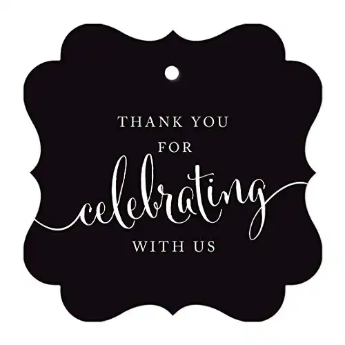 Andaz Press Fancy Frame Gift Tags, Thank You for Celebrating with Us, Black, 24-Pack, for Baby Bridal Wedding Shower, Kids 1st Sweet 16 Quinceanera Birthdays