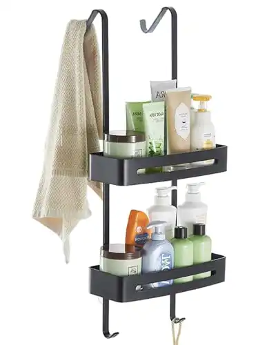TZAMLI Hanging Shower Caddy Over The Door Shower Organizer, Aluminum Shower Shelf Bathroom Storage Rack with Hook and Basket (Black, 2-Tier)