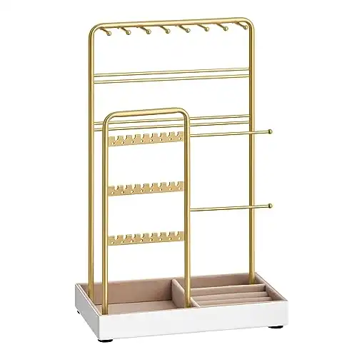 SONGMICS Jewelry Holder, Jewelry Organizer, Jewelry Display Stand with Metal Frame and Velvet Tray, Necklace Earring Bracelet Holder, for Studs, Rings, Gift Idea, Gold Color UJJS021A01