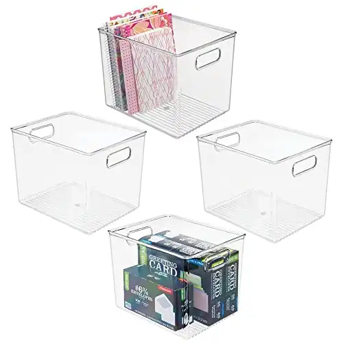 mDesign Tall Deep Rectangular Plastic Office Supplies Storage Organizer Bin with Carrying Handles - Pads, Pens, Pencils, Dry Erase Markers, Highlighters, Sticky Notes, Ligne Collection, 4 Pack, Clear