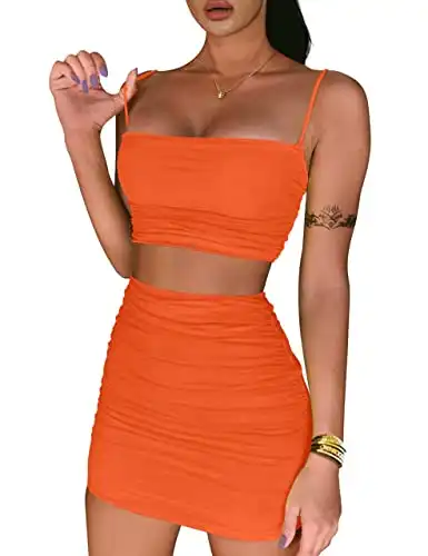 BEAGIMEG Women's Ruched Cami Crop Top Bodycon Skirt 2 Piece Outfits Dress Orange