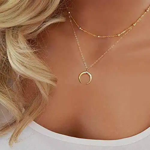 Jovono Boho Layered Choker Necklaces Moon Pendant Necklace Beaded Necklace Chain for Women and Girls (Gold)