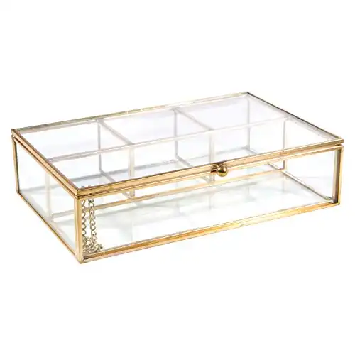 Home Details Vintage Mirrored Bottom Glass Keepsake Box Jewelry Organizer, Decorative Accent, Vanity, Wedding Bridal Party Gift, Candy Table Décor Jars & Boxes, 4 Compartment, Gold
