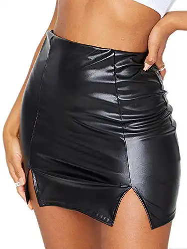 Women Leather Latex Skirt Black Side Split Mini Skirts (M, Black Leather Split Skirt)