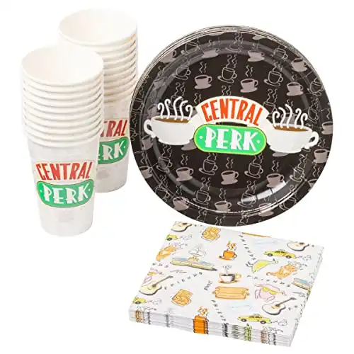 Silver Buffalo Friends Central Perk Logo Party Supplies, Party Pack Paper Plates Cups Napkins, 60-Pieces,Black/White