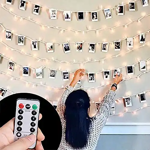 HAYATA [Remote & Timer 40 LED Wooden Photo Clip Light String Lights - 23ft Fairy Battery Operated Hanging Picture Frame Lighting for Party Wedding Dorm Bedroom Birthday Christmas Decorations