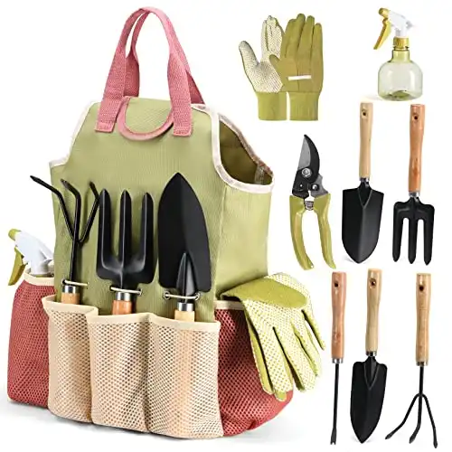 Complete Garden Tool Kit Comes With Bag & Gloves,Garden Tool Set with Spray-Bottle Indoors & Outdoors – Durable Garden Tools Set Ideal Tool Kit Gifts for Women & Men, Set of 10