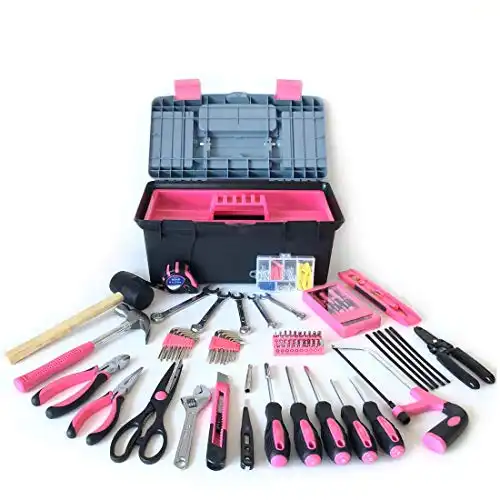 APOLLO TOOLS 170 Piece Complete Pink Household Tool Set Comes in Tool Box with Extra Storage and all Pink Tools Included - Pink Ribbon - DT7102P