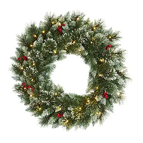 Nearly Natural 24in. Frosted Swiss Pine Artificial Wreath with 35 Clear LED Lights and Berries, Green, 5x24x24