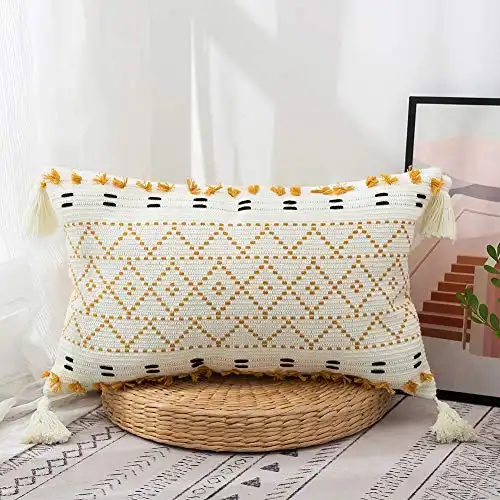 blue page Lumbar Small Decorative Throw Pillow Covers for Couch Sofa Bedroom Living Room, Woven Tufted Boho Pillows Cover with Tassels, Cute Farmhouse Pillows Case (12X20 inch, Mustard)