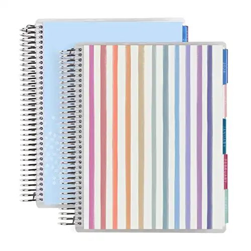 Set of Two - 7" x 9" Platinum Spiral Coiled Daily Life Planner Duo (July 2023 - June 2024) - Watercolor Stripes Colorful Classic + Canvas (Powder Blue) Classic. 12-Months Inspire Interior Er...