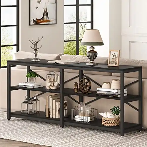 Tribesigns 70.9 Inch Extra Long Console Table, Modern Sofa Table Behind Couch Table with Storage Shelves, 3-Tier Industrial Hallway Entryway Table for Living Room, 3 Shelf Bookshelf(Black)