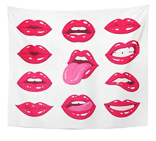 Emvency Tapestry Red Lips Collection of Sexy Woman's Expressing Different Emotions Such Smile Home Decor Wall Hanging 50" x 60" Inches Print for Living Room Bedroom Dorm