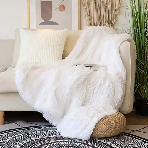 Decorative Extra Soft Faux Fur Throw Blanket 50" x 60",Solid Reversible Fuzzy Lightweight Long Hair Shaggy Blanket,Fluffy Cozy Plush Fleece Comfy Microfiber for Couch Sofa Bed,Pure White