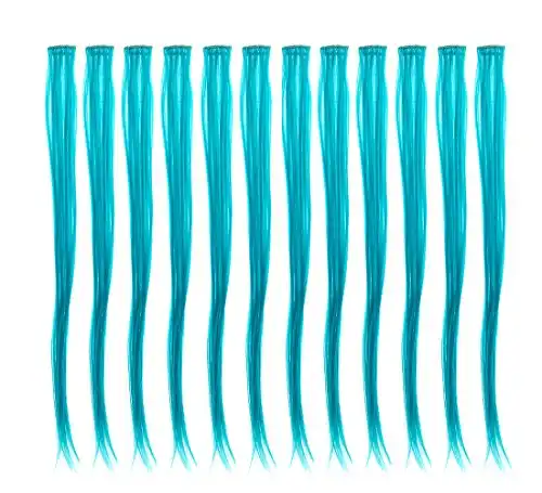 SWACC 12 Pcs Straight One Color Party Highlights Clip on in Hair Extensions Colored Hair Streak Synthetic Hairpieces (Teal Blue)