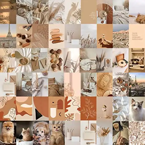 Mr. Care 60PCS 4x6 Beige Wall Collage Kit Aesthetic Pictures, Room Decor Aesthetic, Boho Wall Art Print Photo Collage Kit for Teen Girls, VSCO Poster, Thick Cardstock, Stickies Included